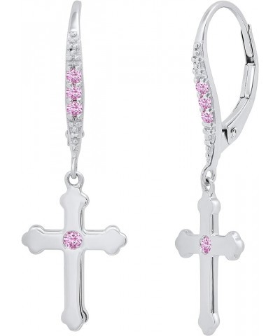 Round Gemstone or Diamond Cross Drop Lever Back Men's & Women's (Unisex) Earrings in 925 Sterling Silver Pink Sapphire $60.22...