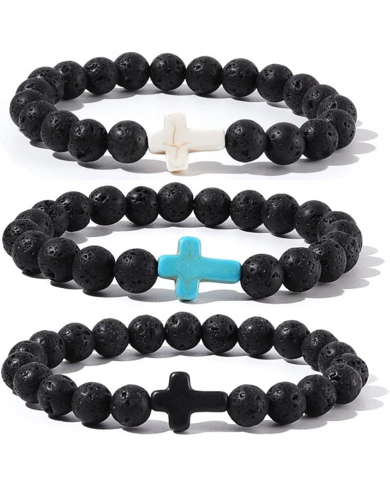 8MM Ornament Lava Volcanic Stone Beads Turquoise Cross Elastic Stretch Bracelet Religion Bangle for Women Men 3 colors $8.20 ...