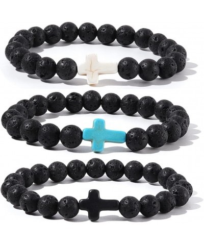 8MM Ornament Lava Volcanic Stone Beads Turquoise Cross Elastic Stretch Bracelet Religion Bangle for Women Men 3 colors $8.20 ...