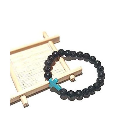 8MM Ornament Lava Volcanic Stone Beads Turquoise Cross Elastic Stretch Bracelet Religion Bangle for Women Men 3 colors $8.20 ...