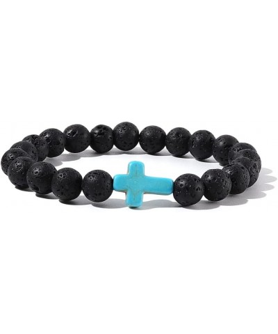 8MM Ornament Lava Volcanic Stone Beads Turquoise Cross Elastic Stretch Bracelet Religion Bangle for Women Men 3 colors $8.20 ...