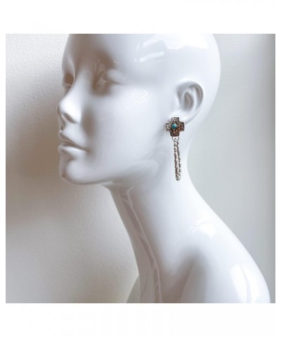 Turquoise Stone Cross Shaped Western Squash Blossom Silver Burnish Plated Hoop Earrings $10.91 Earrings