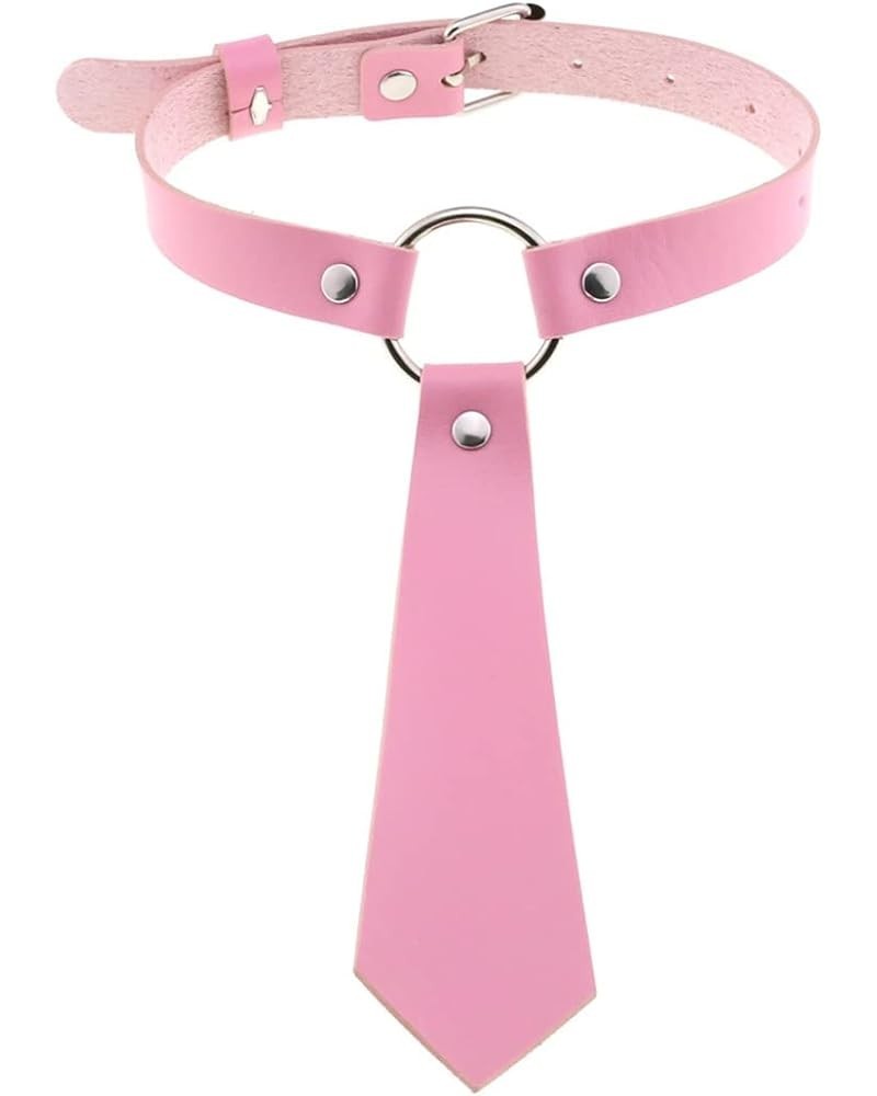 Punk Necktie Choker PU Leather Collar Metal Ring Gothic Necklace Neck Accessories Adjustable size Pink $9.27 Necklaces