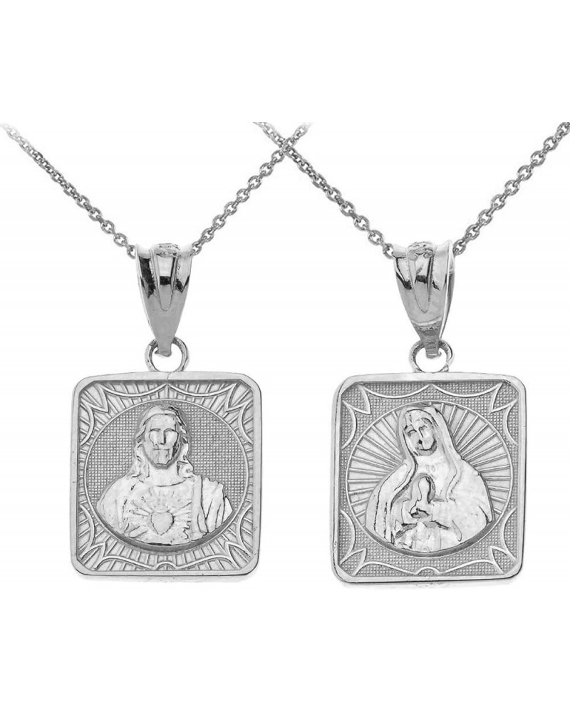 925 Sterling Silver Immaculate Heart of Mary/Sacred Heart of Jesus Square Medal Reversible Necklace and Pendant Only 22" Chai...