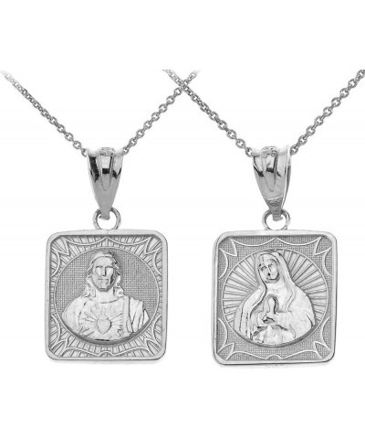 925 Sterling Silver Immaculate Heart of Mary/Sacred Heart of Jesus Square Medal Reversible Necklace and Pendant Only 22" Chai...