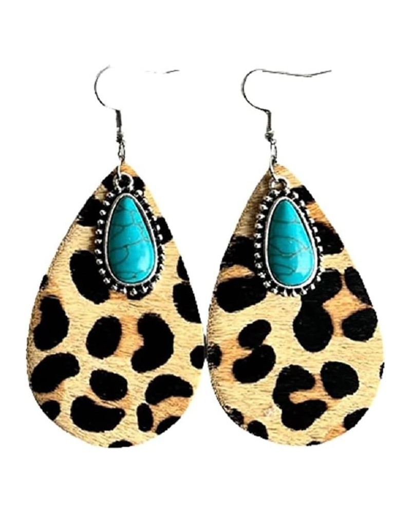 Western Vintage Cowgirl Cowboy Teardrop Dangle Earrings Genuine Leather and Wooden Lightweight Leopard Floral Cow Print Earri...