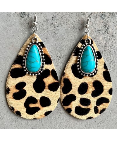 Western Vintage Cowgirl Cowboy Teardrop Dangle Earrings Genuine Leather and Wooden Lightweight Leopard Floral Cow Print Earri...