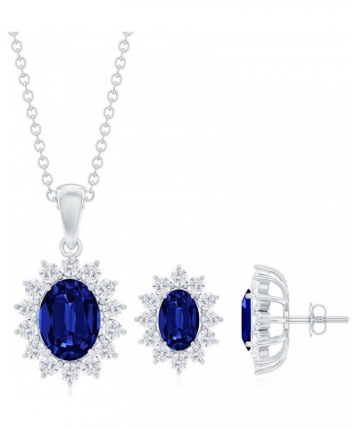 Lab Grown Blue Sapphire Jewelry Set for Women, Sapphire Earrings Pendant Set with Moissanite Halo in Silver - 18 Inches Chain...