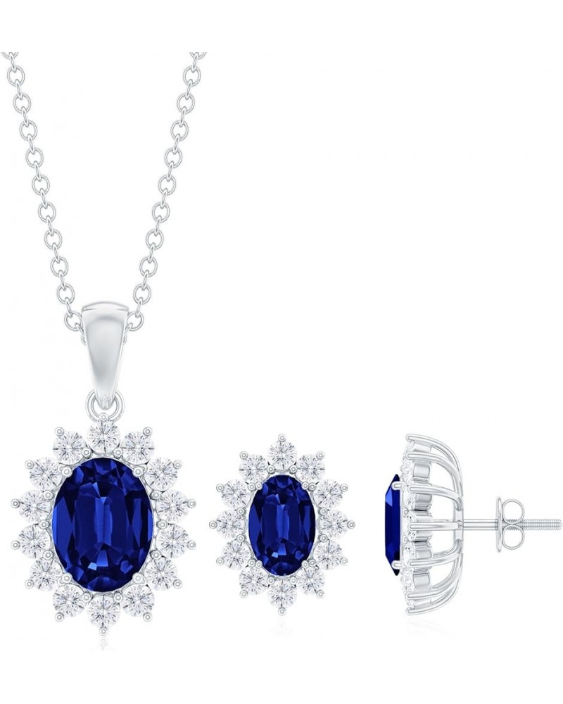 Lab Grown Blue Sapphire Jewelry Set for Women, Sapphire Earrings Pendant Set with Moissanite Halo in Silver - 18 Inches Chain...