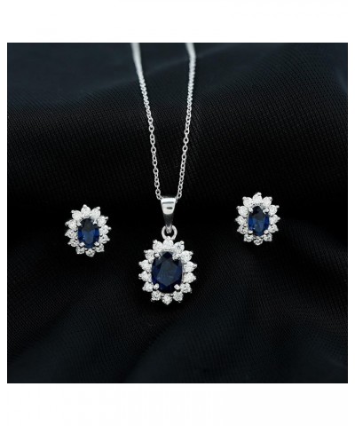 Lab Grown Blue Sapphire Jewelry Set for Women, Sapphire Earrings Pendant Set with Moissanite Halo in Silver - 18 Inches Chain...