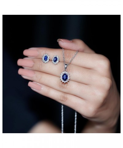 Lab Grown Blue Sapphire Jewelry Set for Women, Sapphire Earrings Pendant Set with Moissanite Halo in Silver - 18 Inches Chain...