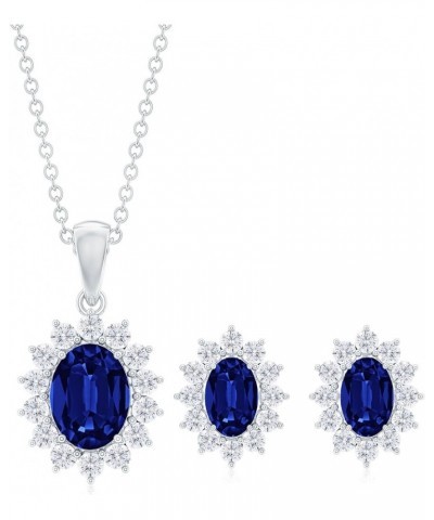 Lab Grown Blue Sapphire Jewelry Set for Women, Sapphire Earrings Pendant Set with Moissanite Halo in Silver - 18 Inches Chain...