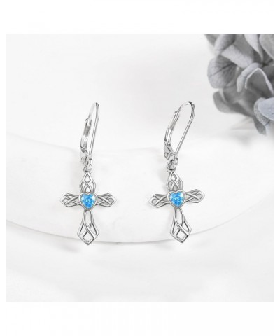 Opal Cross Earrings Sterling Silver Cross Dangle Drop Earring Cross Leverback Earrings Cubic Zirconia Cross Jewelry for Women...