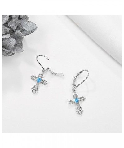 Opal Cross Earrings Sterling Silver Cross Dangle Drop Earring Cross Leverback Earrings Cubic Zirconia Cross Jewelry for Women...