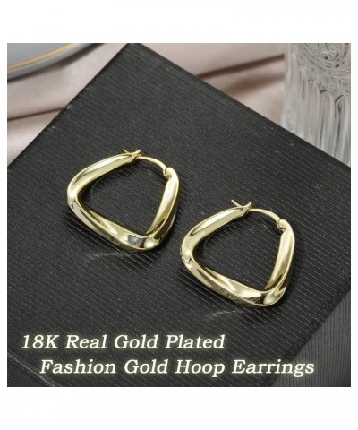 Thick Gold Hoop Earrings for Women,18K Gold Plated Sterling Silver Chunky Hoop Earrings Fashion Geometry Square Earrings Gold...