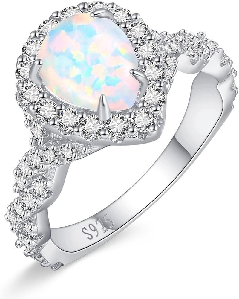 2carat Opal Engagement Rings 925 Sterling Silver Rings for Women White/14K Gold Plated Twisted Band Wedding Ring for Women An...