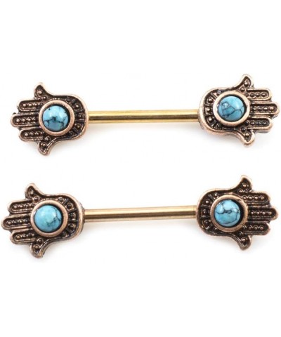 Pair of Nipple Barbells with Hamsa Hand Design and Turquoise Stone 14g Rose Gold IP $8.88 Body Jewelry