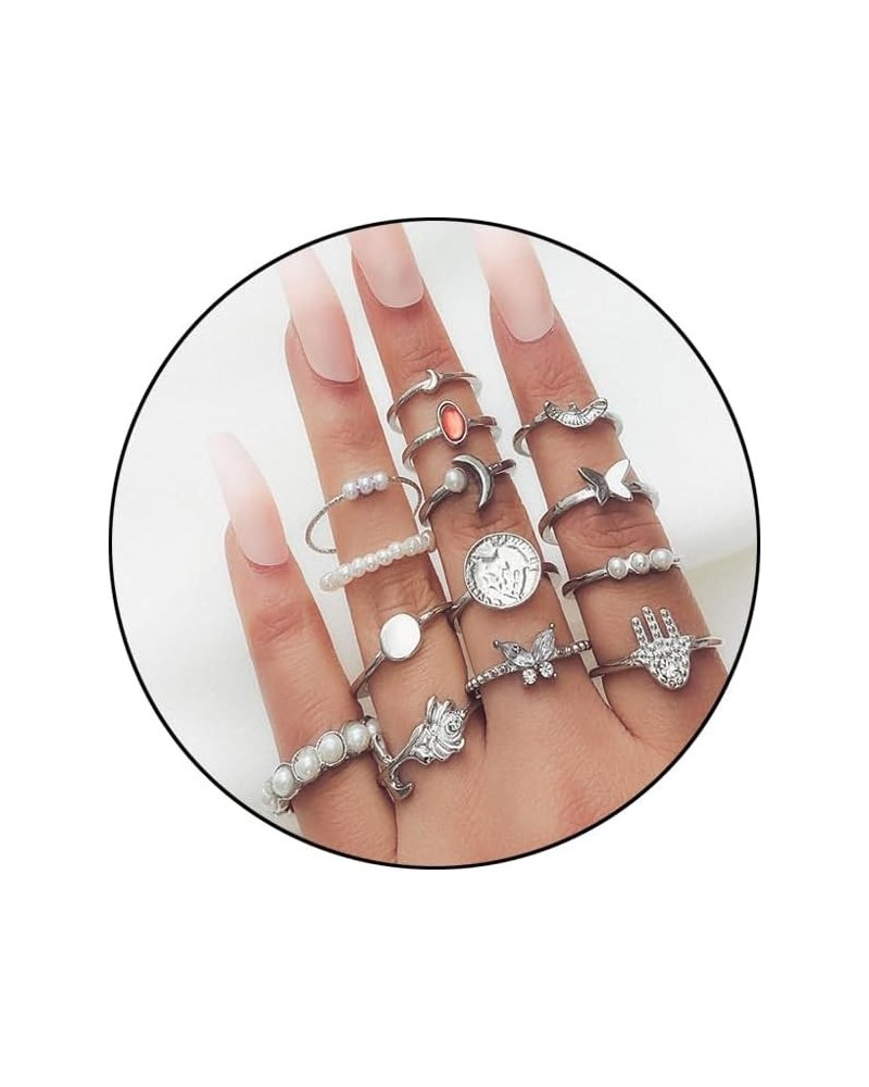 14Pcs Boho Knuckle Rings Set for Women Girls Knuckle Stackable Pearl Moon Butterfly Joint Finger Rings Set Vintage Knuckle St...