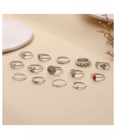 14Pcs Boho Knuckle Rings Set for Women Girls Knuckle Stackable Pearl Moon Butterfly Joint Finger Rings Set Vintage Knuckle St...