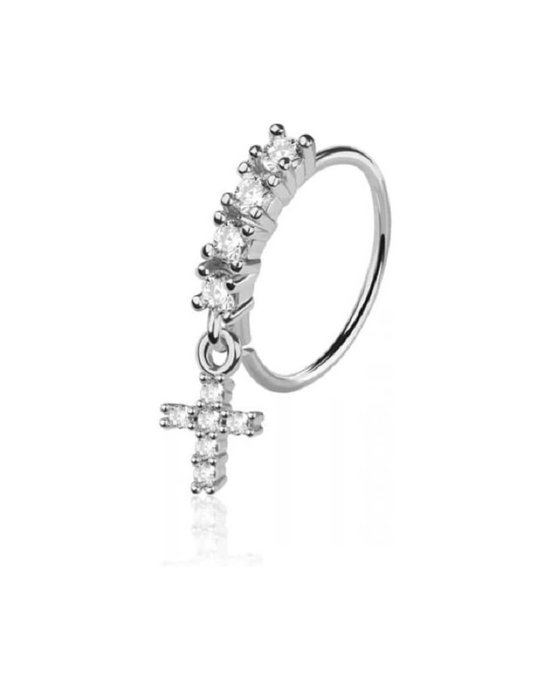 20GA 316L Stainless Steel CZ Crystal Lined Hoop with Dangling Cross Charm Bendable Nose Ring Silver Tone $8.91 Body Jewelry