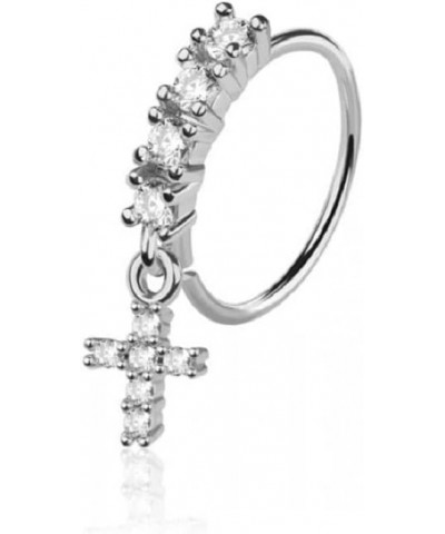 20GA 316L Stainless Steel CZ Crystal Lined Hoop with Dangling Cross Charm Bendable Nose Ring Silver Tone $8.91 Body Jewelry