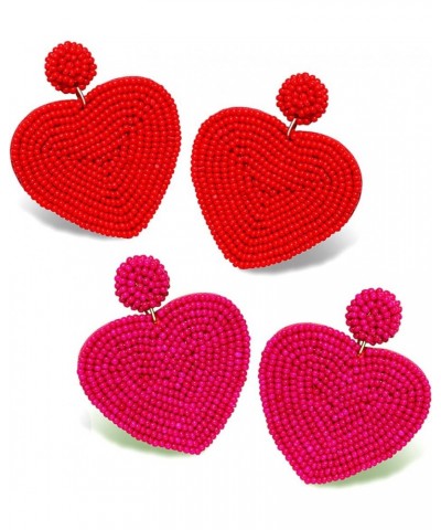 2 Pairs Beaded Heart Earrings Valentine's Day Earring for Women Girls Handmade Love Heart Drop Dangle Earrings Birthday Party...