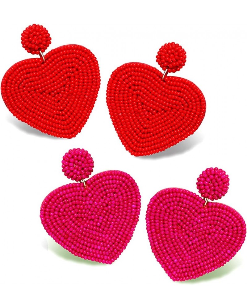 2 Pairs Beaded Heart Earrings Valentine's Day Earring for Women Girls Handmade Love Heart Drop Dangle Earrings Birthday Party...