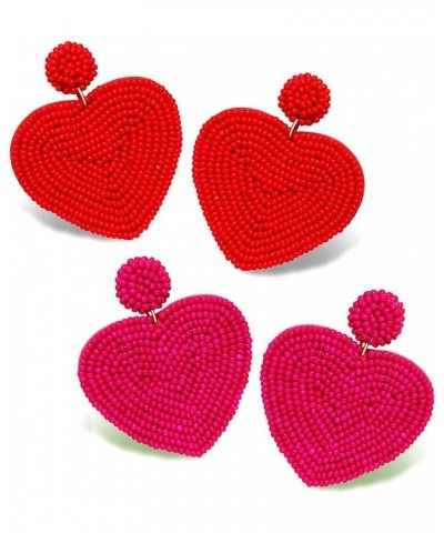 2 Pairs Beaded Heart Earrings Valentine's Day Earring for Women Girls Handmade Love Heart Drop Dangle Earrings Birthday Party...