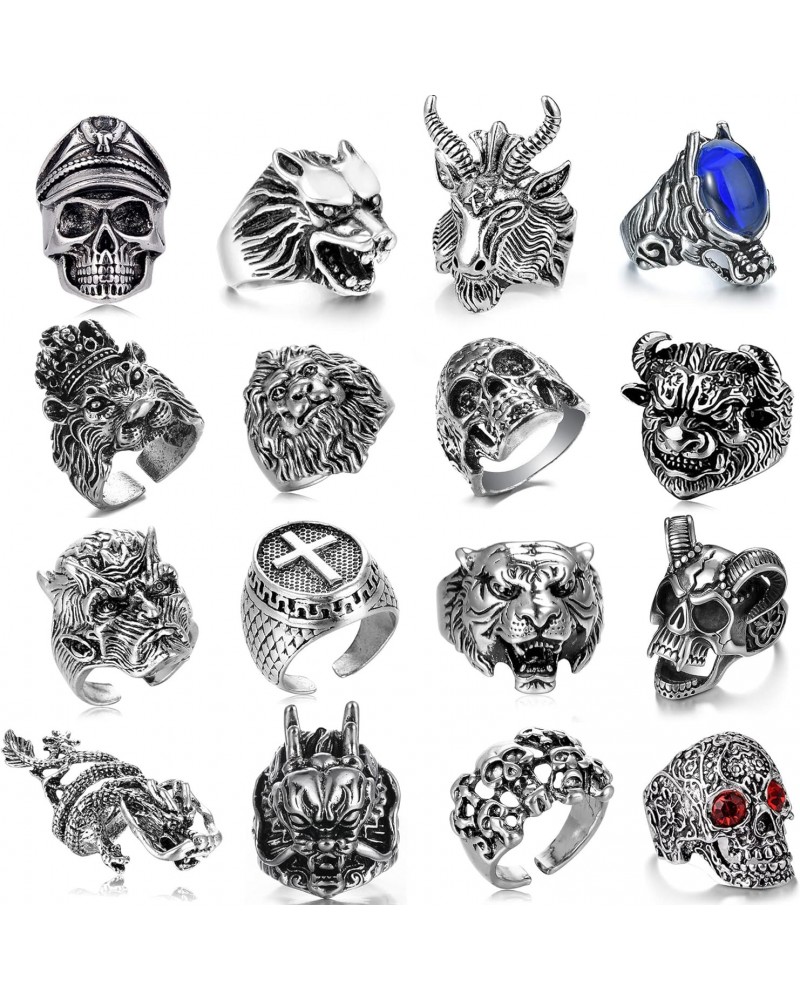 16 Pcs Vintage Punk Rings Set Gothic Biker Adjustable Rings Skeleton Skull Ring Drgon Lion Wolf Tiger Head Ring $10.14 Rings