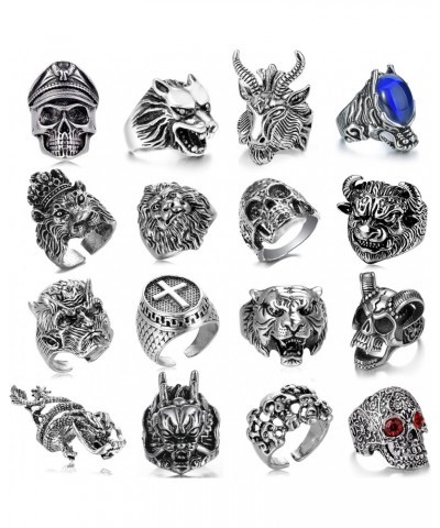 16 Pcs Vintage Punk Rings Set Gothic Biker Adjustable Rings Skeleton Skull Ring Drgon Lion Wolf Tiger Head Ring $10.14 Rings