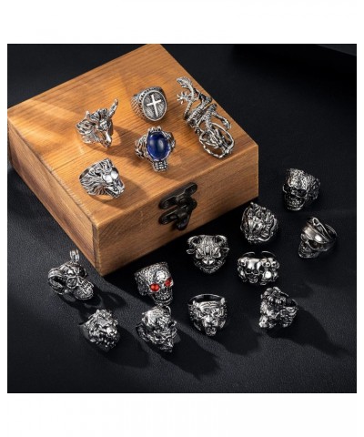 16 Pcs Vintage Punk Rings Set Gothic Biker Adjustable Rings Skeleton Skull Ring Drgon Lion Wolf Tiger Head Ring $10.14 Rings