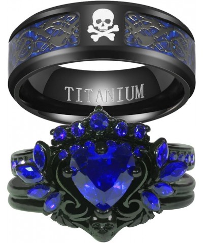 Couple Rings Matching Rings Black Wings Skull Ring 1.5ct Red CZ Womens Wedding Ring Sets Punk Ring Blue women size8 & men siz...