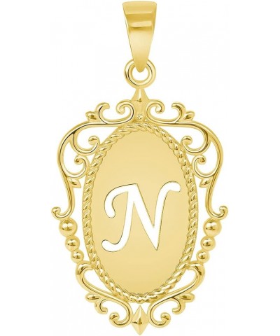 14k Yellow Gold Elegant Filigree Oval Uppercase Initial Script Letter Plate Pendant - A to Z N $45.00 Pendants