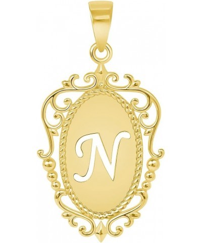 14k Yellow Gold Elegant Filigree Oval Uppercase Initial Script Letter Plate Pendant - A to Z N $45.00 Pendants