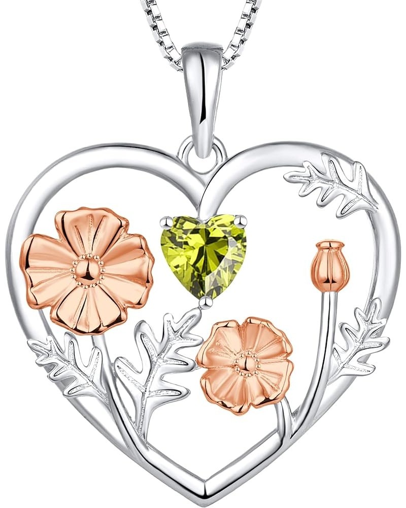 Women's Birth Flower Necklace 925 Sterling Silver Love Heart Pendant Gemstones Jewelry 08-Poppies+peridot-Aug $28.40 Necklaces