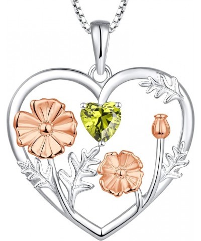 Women's Birth Flower Necklace 925 Sterling Silver Love Heart Pendant Gemstones Jewelry 08-Poppies+peridot-Aug $28.40 Necklaces