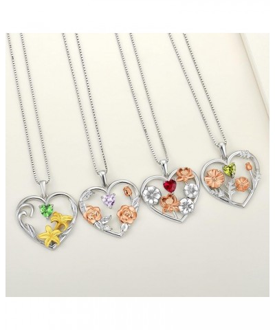 Women's Birth Flower Necklace 925 Sterling Silver Love Heart Pendant Gemstones Jewelry 08-Poppies+peridot-Aug $28.40 Necklaces