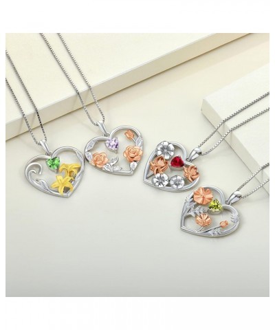 Women's Birth Flower Necklace 925 Sterling Silver Love Heart Pendant Gemstones Jewelry 08-Poppies+peridot-Aug $28.40 Necklaces