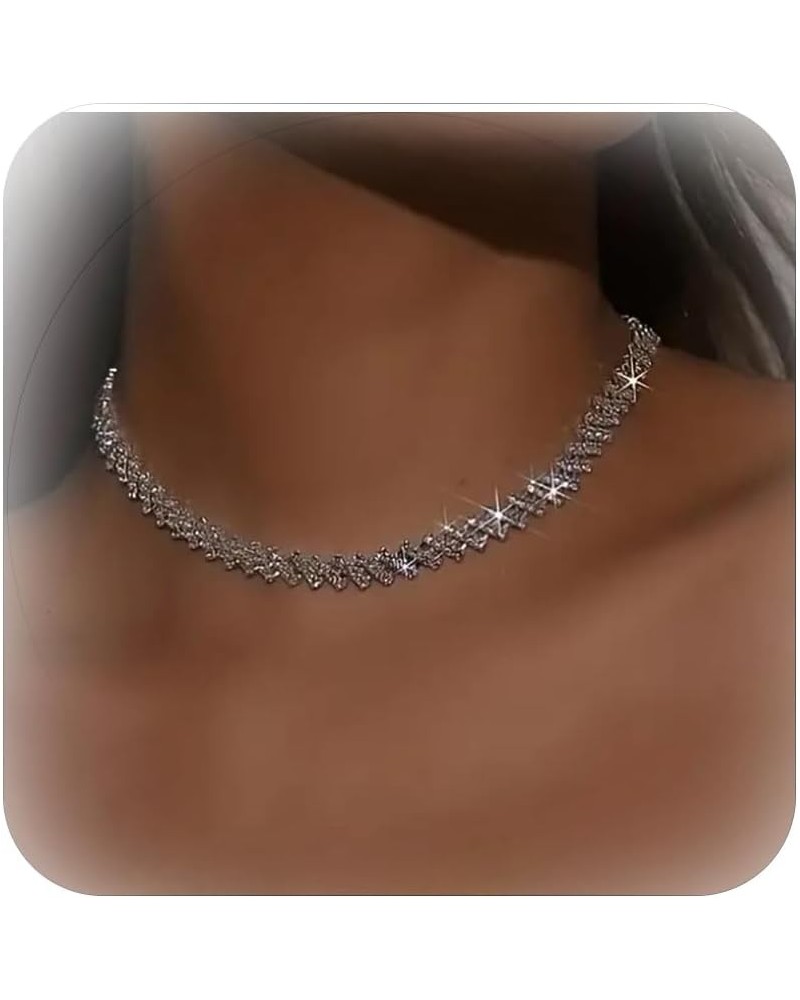 Rhinestone Choker Necklaces Silver Sparkly Crystal Rhinestone Heart Choker Chunky Chain Necklace Jewerly Fashion Minimalist P...