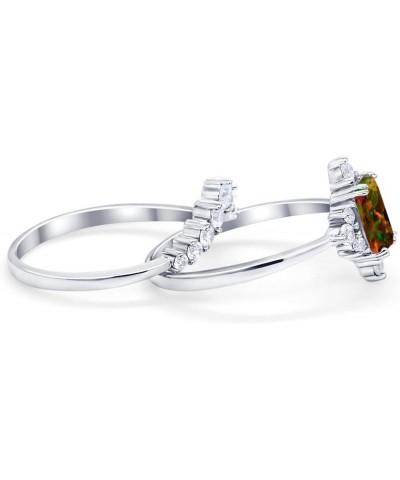 Emerald Cut Vintage Art Deco Two Piece Bridal Set Wedding Ring Band Round Simulated Cubic Zirconia 925 Sterling Silver Lab Cr...