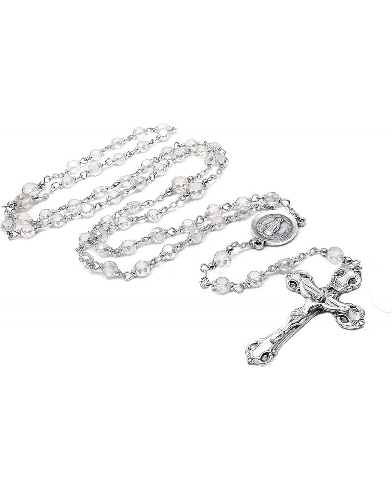 Religious Italian Silver Rosary with 6mm Prague Fire Polished Crystal beads and miraculous medal dangle Crystal $24.95 Necklaces