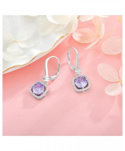 Square Shaped Dangle Drop Earrings for Women, 925 Sterling Silver 5A Cubic Zirconia Leveback Ruond Birthstone Earrings for Hy...