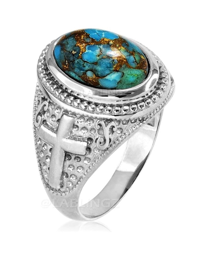 Sterling Silver Blue Copper Turquoise Gemstone Christian Cross Ring $49.39 Rings