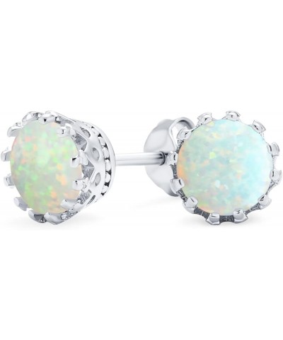 Iridescent Crown Setting Created Opal Solitaire Crown Stud Earrings Rose 14K Gold Plated .925 Sterling Silver Iridescent Whit...