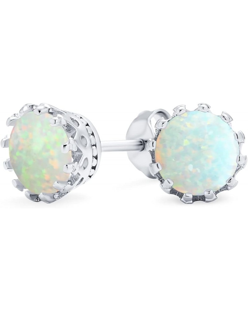 Iridescent Crown Setting Created Opal Solitaire Crown Stud Earrings Rose 14K Gold Plated .925 Sterling Silver Iridescent Whit...