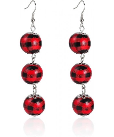 Cute Christmas Buffalo Plaid Ball Wood Earrings Vintage Handmade Lightweight Tassel Circle Round Beads Wooden Earring for Wom...