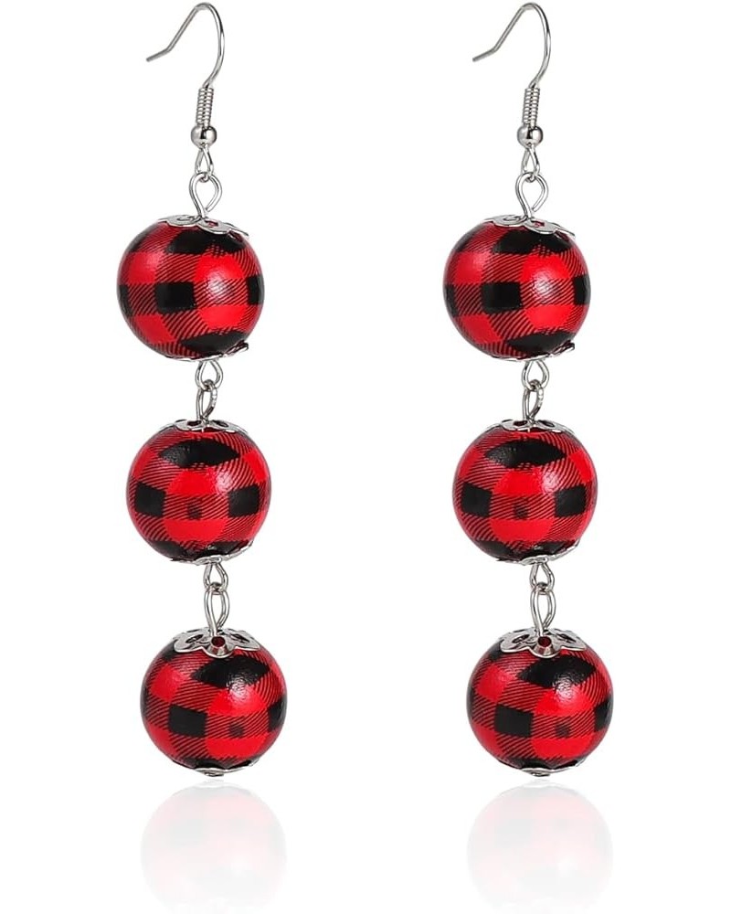 Cute Christmas Buffalo Plaid Ball Wood Earrings Vintage Handmade Lightweight Tassel Circle Round Beads Wooden Earring for Wom...