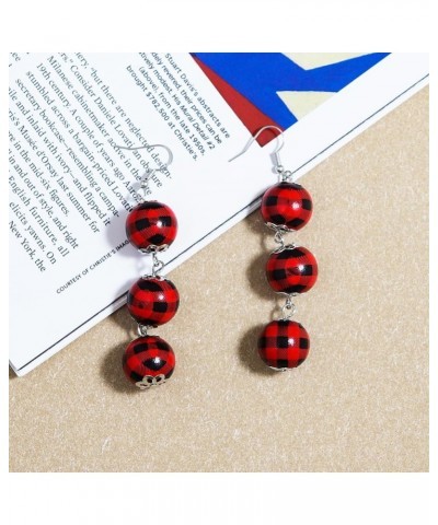 Cute Christmas Buffalo Plaid Ball Wood Earrings Vintage Handmade Lightweight Tassel Circle Round Beads Wooden Earring for Wom...