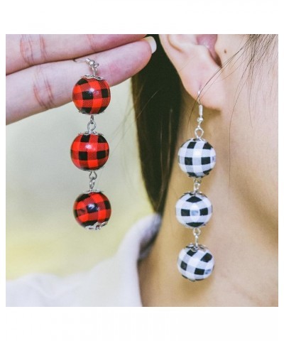 Cute Christmas Buffalo Plaid Ball Wood Earrings Vintage Handmade Lightweight Tassel Circle Round Beads Wooden Earring for Wom...