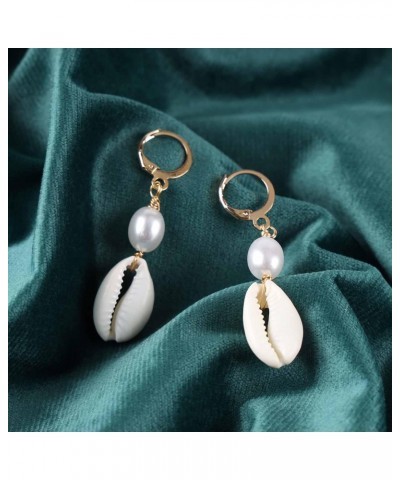 Boho Shell Drop Earrings Gold Vintage Pearl Shell Dangle Earrings Statement Faux Pearl Cowrie Shell Hoop Huggie Earrings Summ...